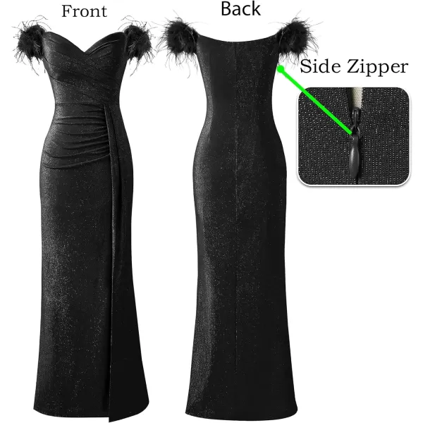 VFSHOW Womens Off Shoulder Feather Ruched Prom Formal Wedding Guest Maxi Dress 2023 Sexy Sweetheart Neck Split Evening GownSparkly Black