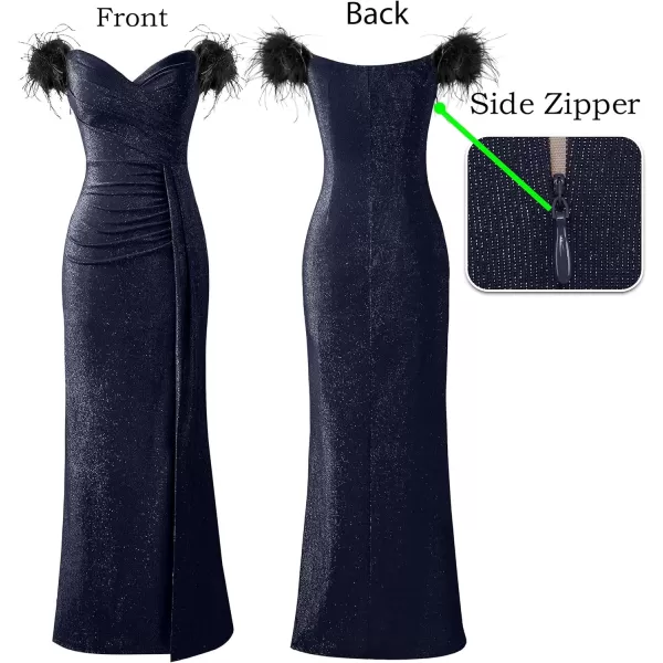 VFSHOW Womens Off Shoulder Feather Ruched Prom Formal Wedding Guest Maxi Dress 2023 Sexy Sweetheart Neck Split Evening GownSparkly Navy Blue