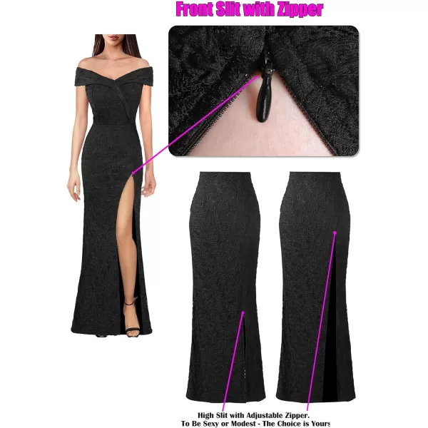 VFSHOW Womens Off Shoulder High Slit Formal Evening Wedding Guest Maxi Long DressBlack Bubble Textured Lace