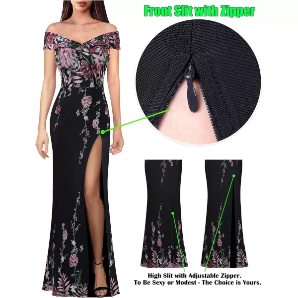 VFSHOW Womens Off Shoulder High Slit Formal Evening Wedding Guest Maxi Long DressBlack Mesh With Pink Floral Print