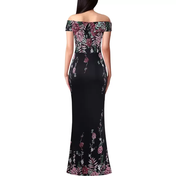 VFSHOW Womens Off Shoulder High Slit Formal Evening Wedding Guest Maxi Long DressBlack Mesh With Pink Floral Print