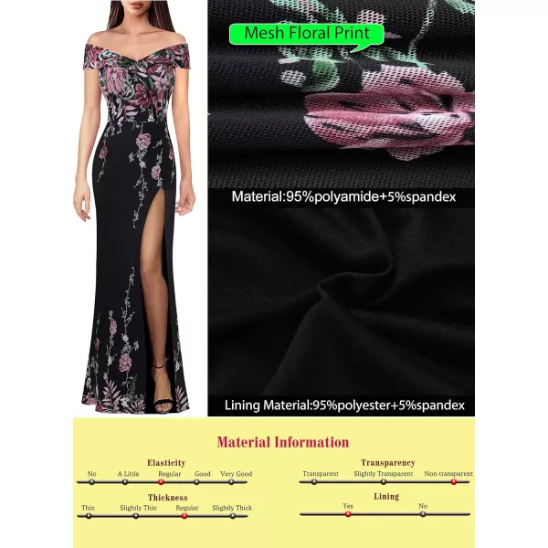 VFSHOW Womens Off Shoulder High Slit Formal Evening Wedding Guest Maxi Long DressBlack Mesh With Pink Floral Print