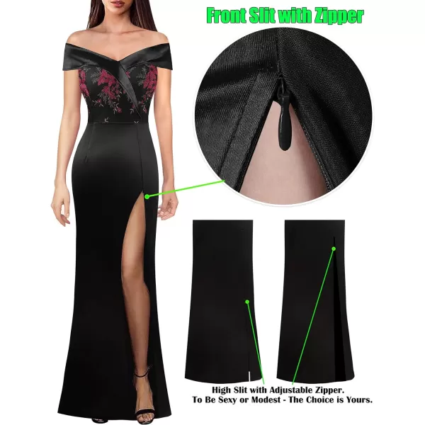 VFSHOW Womens Off Shoulder High Slit Formal Evening Wedding Guest Maxi Long DressBlack With Red Embroidery Lace