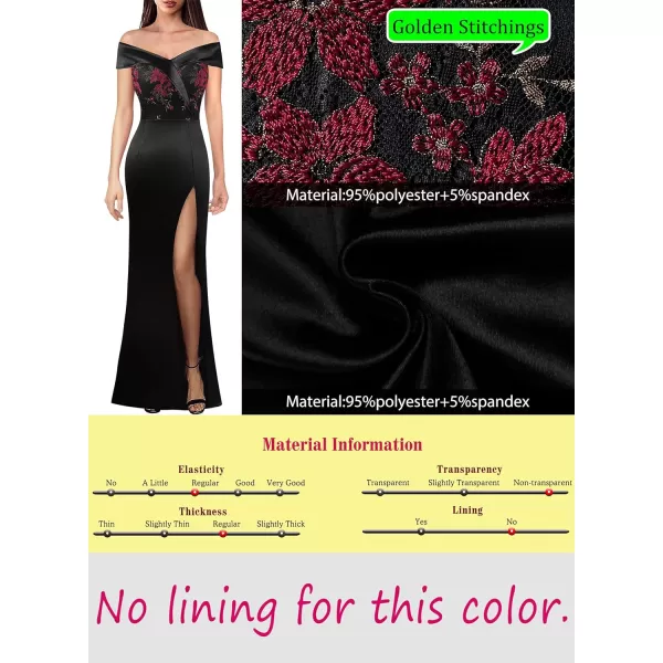 VFSHOW Womens Off Shoulder High Slit Formal Evening Wedding Guest Maxi Long DressBlack With Red Embroidery Lace