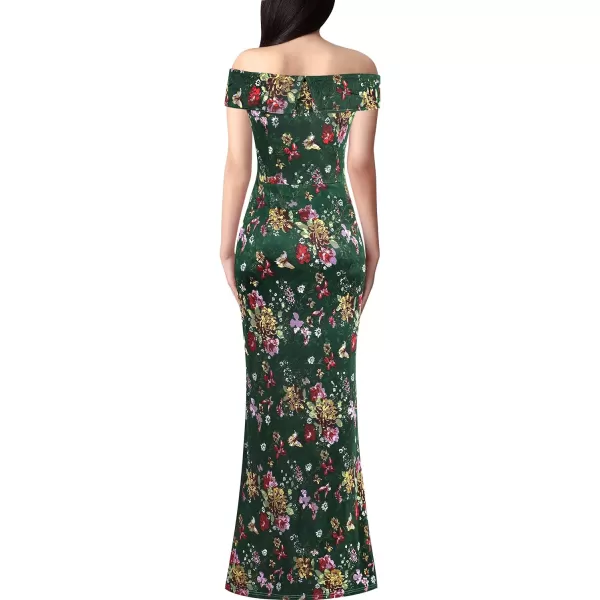 VFSHOW Womens Off Shoulder High Slit Formal Evening Wedding Guest Maxi Long DressGreen Mesh Multi Floral Print