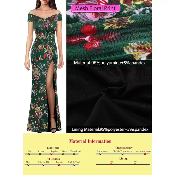 VFSHOW Womens Off Shoulder High Slit Formal Evening Wedding Guest Maxi Long DressGreen Mesh Multi Floral Print