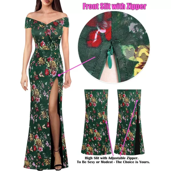 VFSHOW Womens Off Shoulder High Slit Formal Evening Wedding Guest Maxi Long DressGreen Mesh Multi Floral Print