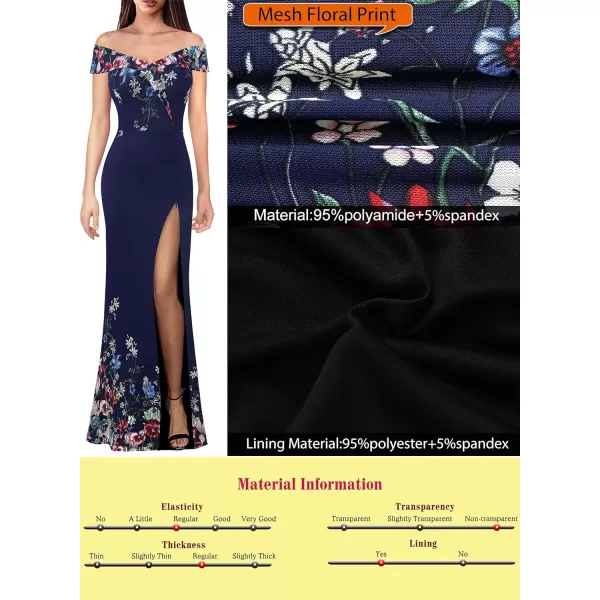 VFSHOW Womens Off Shoulder High Slit Formal Evening Wedding Guest Maxi Long DressNavy Blue Mesh With Floral Print