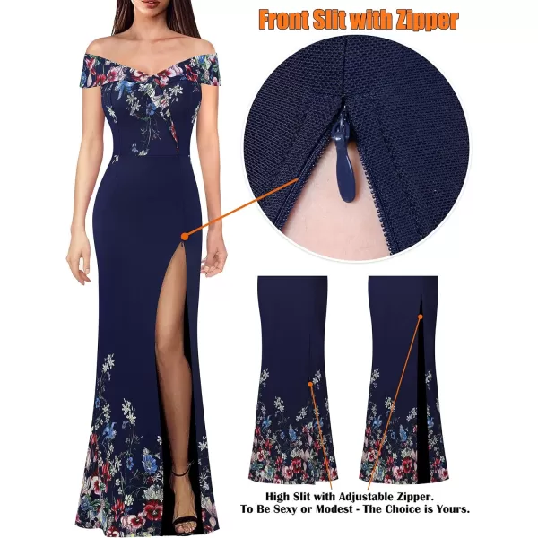 VFSHOW Womens Off Shoulder High Slit Formal Evening Wedding Guest Maxi Long DressNavy Blue Mesh With Floral Print