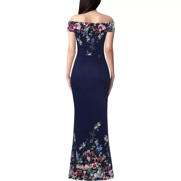 VFSHOW Womens Off Shoulder High Slit Formal Evening Wedding Guest Maxi Long DressNavy Blue Mesh With Floral Print