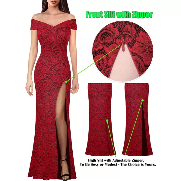 VFSHOW Womens Off Shoulder High Slit Formal Evening Wedding Guest Maxi Long DressRed Floral Lace