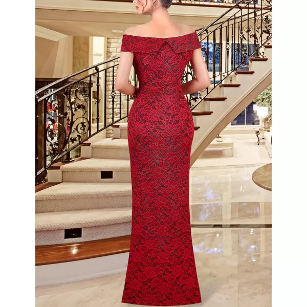 VFSHOW Womens Off Shoulder High Slit Formal Evening Wedding Guest Maxi Long DressRed Floral Lace