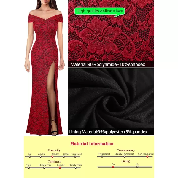 VFSHOW Womens Off Shoulder High Slit Formal Evening Wedding Guest Maxi Long DressRed Floral Lace