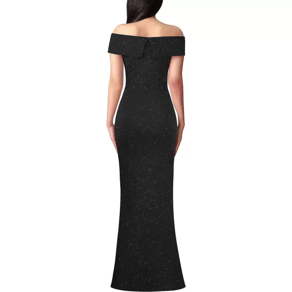 VFSHOW Womens Off Shoulder High Slit Formal Evening Wedding Guest Maxi Long DressShimmery Black