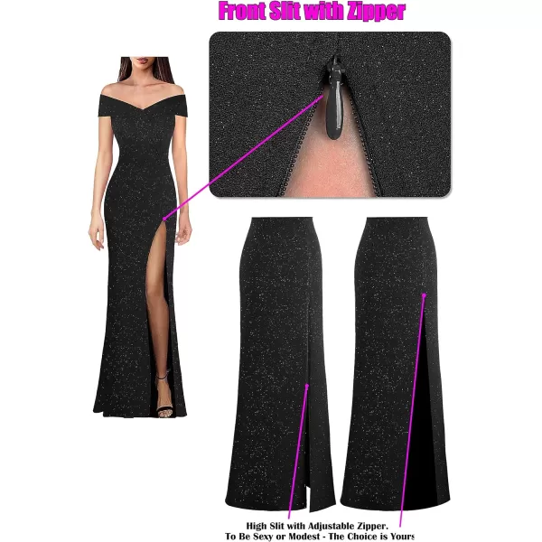 VFSHOW Womens Off Shoulder High Slit Formal Evening Wedding Guest Maxi Long DressShimmery Black