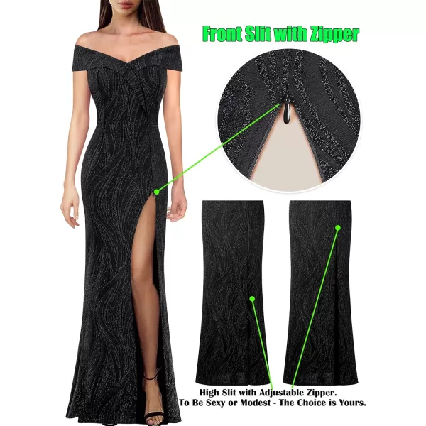 VFSHOW Womens Off Shoulder High Slit Formal Evening Wedding Guest Maxi Long DressShimmery Black2