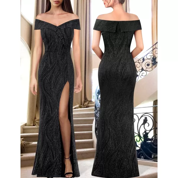 VFSHOW Womens Off Shoulder High Slit Formal Evening Wedding Guest Maxi Long DressShimmery Black2