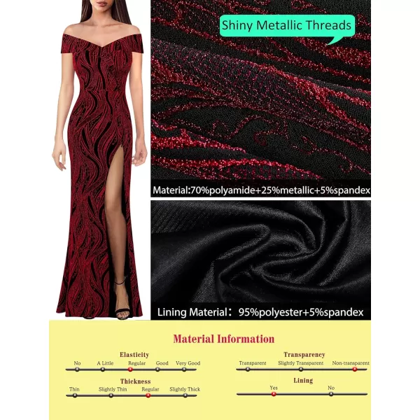 VFSHOW Womens Off Shoulder High Slit Formal Evening Wedding Guest Maxi Long DressShimmery Red2