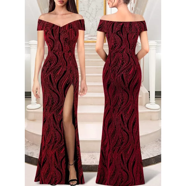 VFSHOW Womens Off Shoulder High Slit Formal Evening Wedding Guest Maxi Long DressShimmery Red2