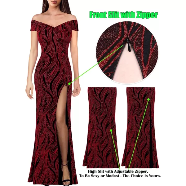 VFSHOW Womens Off Shoulder High Slit Formal Evening Wedding Guest Maxi Long DressShimmery Red2