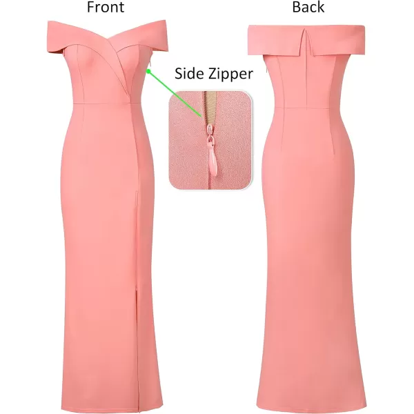 VFSHOW Womens Off Shoulder High Slit Formal Evening Wedding Guest Maxi Long DressSolid Salmon Pink