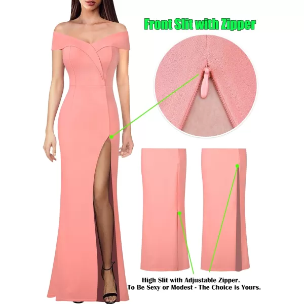 VFSHOW Womens Off Shoulder High Slit Formal Evening Wedding Guest Maxi Long DressSolid Salmon Pink