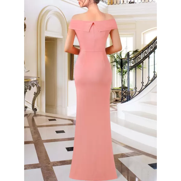 VFSHOW Womens Off Shoulder High Slit Formal Evening Wedding Guest Maxi Long DressSolid Salmon Pink