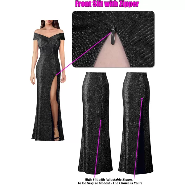 VFSHOW Womens Off Shoulder High Slit Formal Evening Wedding Guest Maxi Long DressSparkly Black