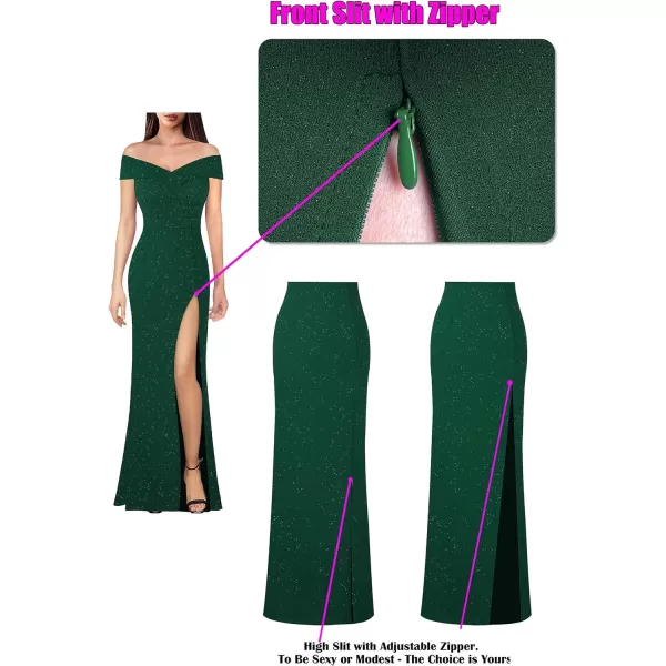 VFSHOW Womens Off Shoulder High Slit Formal Evening Wedding Guest Maxi Long DressSparkly Dark Green