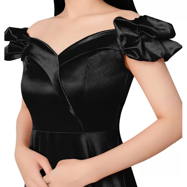 VFSHOW Womens Off Shoulder Puff Sleeve High Low Bridesmaid Cocktail Party Aline Midi DressBlack