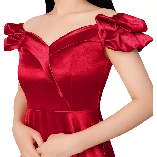 VFSHOW Womens Off Shoulder Puff Sleeve High Low Bridesmaid Cocktail Party Aline Midi DressRed