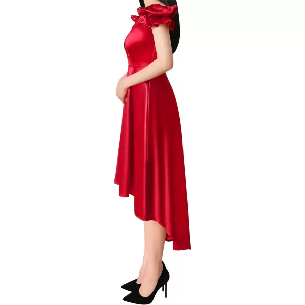 VFSHOW Womens Off Shoulder Puff Sleeve High Low Bridesmaid Cocktail Party Aline Midi DressRed