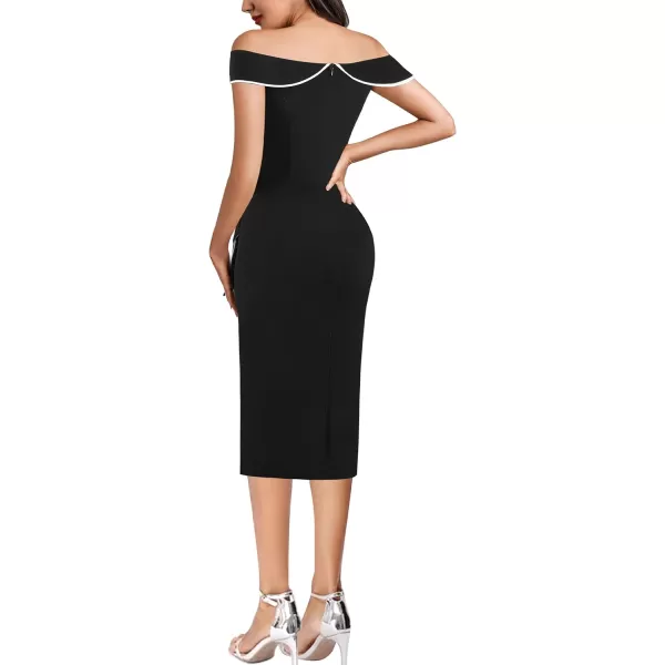 VFSHOW Womens Off Shoulder Ruched Bowknot Colorblock Cocktail Party Wedding Guest Bodycon Midi DressBlack