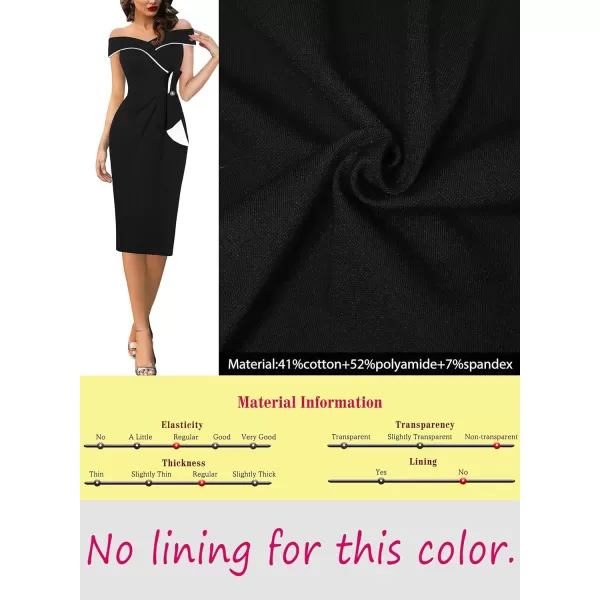 VFSHOW Womens Off Shoulder Ruched Bowknot Colorblock Cocktail Party Wedding Guest Bodycon Midi DressBlack