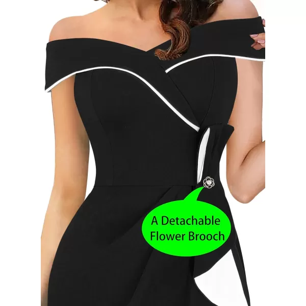 VFSHOW Womens Off Shoulder Ruched Bowknot Colorblock Cocktail Party Wedding Guest Bodycon Midi DressBlack