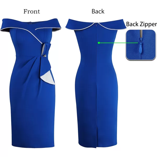 VFSHOW Womens Off Shoulder Ruched Bowknot Colorblock Cocktail Party Wedding Guest Bodycon Midi DressRoyal Blue