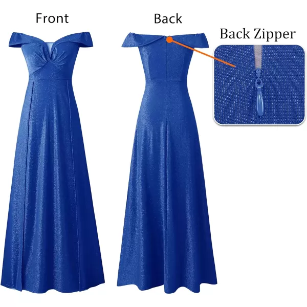 VFSHOW Womens Off Shoulder Ruched V Neck Double Slit Formal ALine Maxi Dress 2023 Wedding Guest Cocktail Evening Long Gown2sparkly Royal Blue