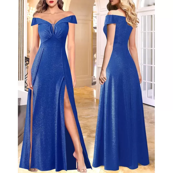 VFSHOW Womens Off Shoulder Ruched V Neck Double Slit Formal ALine Maxi Dress 2023 Wedding Guest Cocktail Evening Long Gown2sparkly Royal Blue