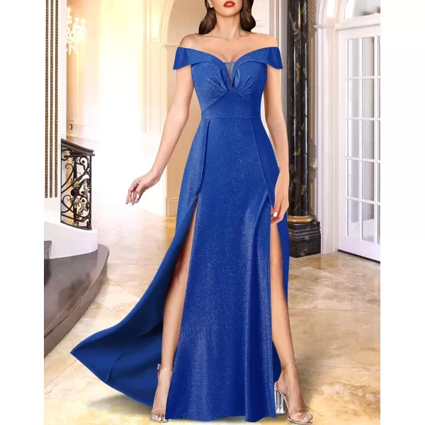 VFSHOW Womens Off Shoulder Ruched V Neck Double Slit Formal ALine Maxi Dress 2023 Wedding Guest Cocktail Evening Long Gown2sparkly Royal Blue