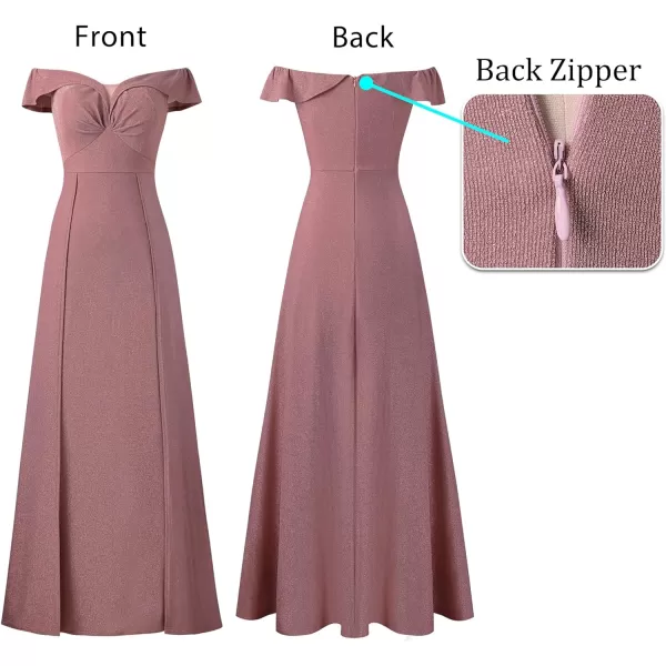 VFSHOW Womens Off Shoulder Ruched V Neck Double Slit Formal ALine Maxi Dress 2023 Wedding Guest Cocktail Evening Long Gown3sparkly Dusty Pink