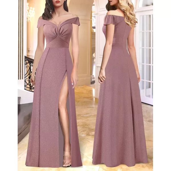 VFSHOW Womens Off Shoulder Ruched V Neck Double Slit Formal ALine Maxi Dress 2023 Wedding Guest Cocktail Evening Long Gown3sparkly Dusty Pink