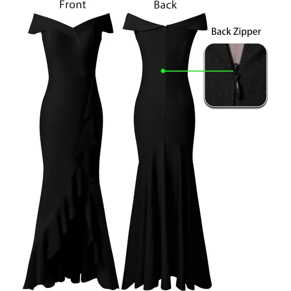 VFSHOW Womens Off Shoulder Ruffle Split Formal Evening Gown Wedding Maxi DressBlack