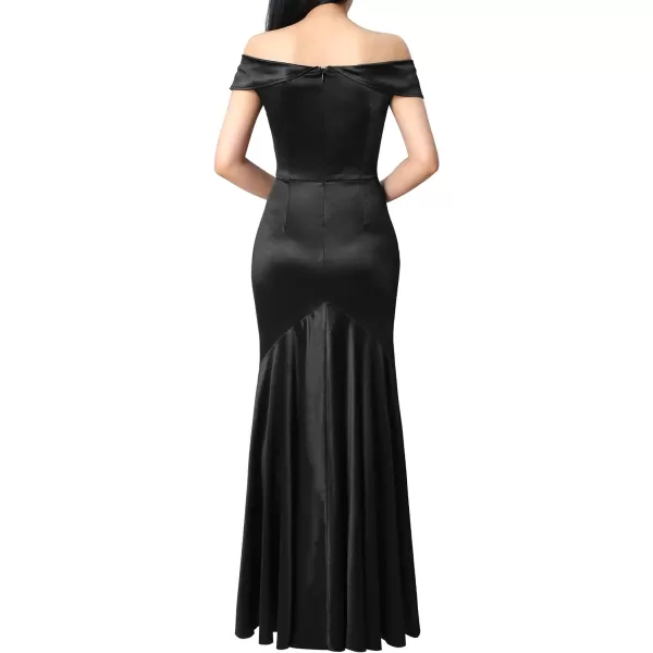 VFSHOW Womens Off Shoulder Ruffle Split Formal Evening Gown Wedding Maxi DressBlack Lace  Satin2