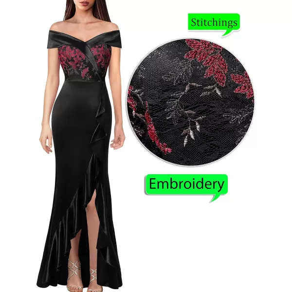 VFSHOW Womens Off Shoulder Ruffle Split Formal Evening Gown Wedding Maxi DressBlack Lace  Satin2