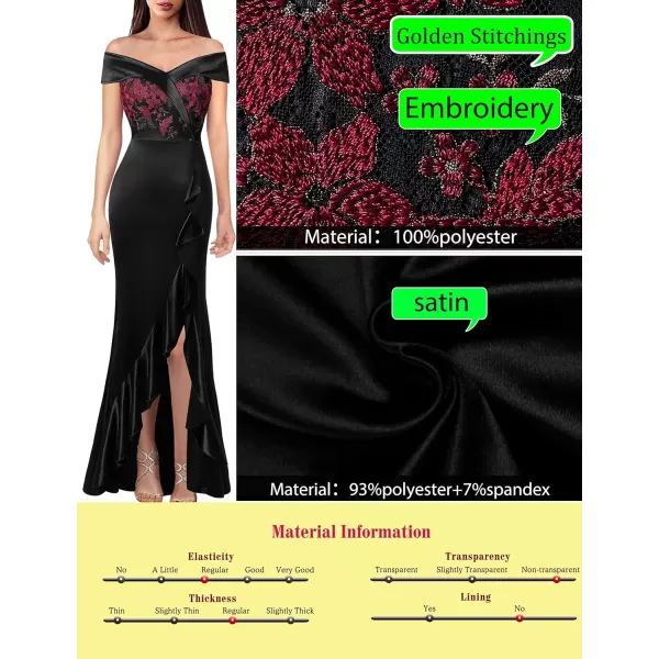 VFSHOW Womens Off Shoulder Ruffle Split Formal Evening Gown Wedding Maxi DressBlack Lace  Satin2