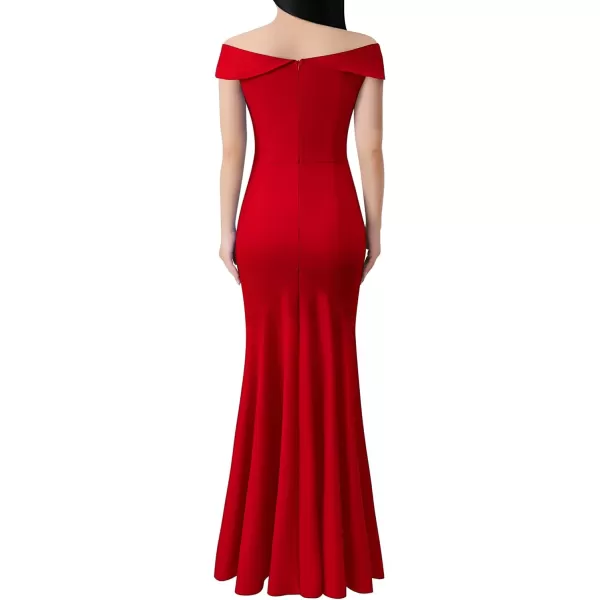 VFSHOW Womens Off Shoulder Ruffle Split Formal Evening Gown Wedding Maxi DressRed