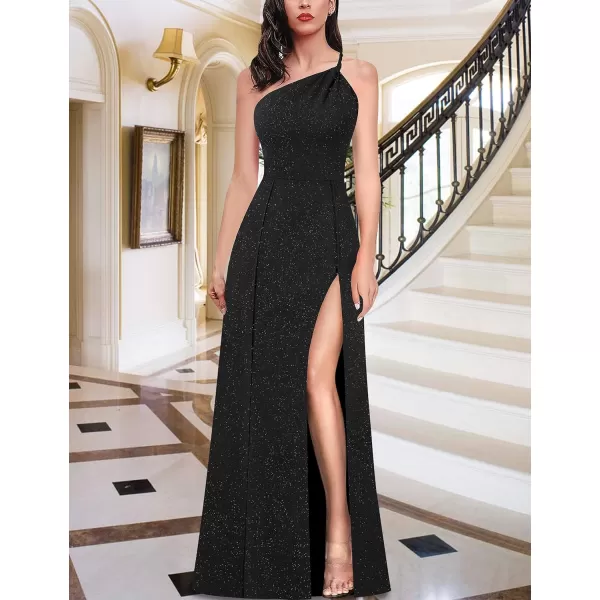 VFSHOW Womens One Shoulder Backless Double Slit Formal Prom ALine Maxi Dress 2023 Braided Strap Wedding Guest Evening GownSparkly Black