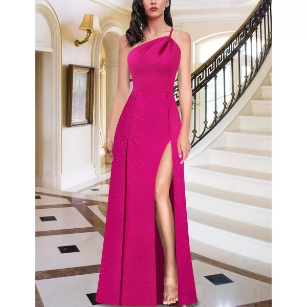 VFSHOW Womens One Shoulder Backless Double Slit Formal Prom ALine Maxi Dress 2023 Braided Strap Wedding Guest Evening GownSparkly Hot Pink