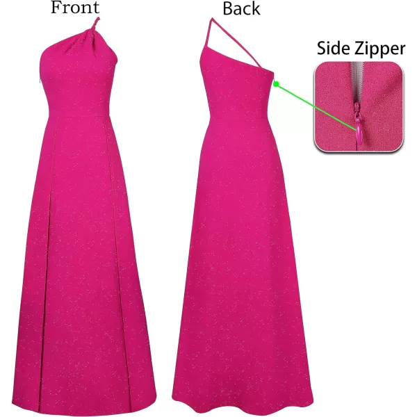 VFSHOW Womens One Shoulder Backless Double Slit Formal Prom ALine Maxi Dress 2023 Braided Strap Wedding Guest Evening GownSparkly Hot Pink