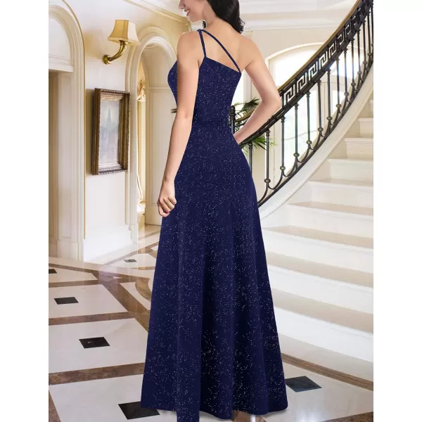 VFSHOW Womens One Shoulder Backless Double Slit Formal Prom ALine Maxi Dress 2023 Braided Strap Wedding Guest Evening GownSparkly Navy Blue